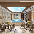 Modern Indoor Swimming Pool With Glass Skylight Seating Area And Green Plants