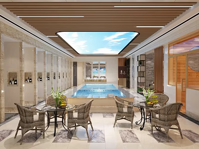 Modern Indoor Swimming Pool With Glass Skylight Seating Area And Green Plants 3d model