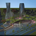 Modern Bird's Eye View Urban Planning With Skyscrapers Green Spaces And Water Features