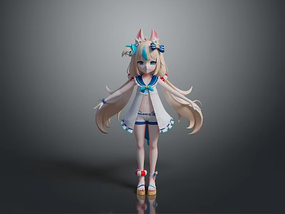 Anime Style Game Character With Cat Ears Long Hair Blue White Kimono And Short Skirt 3d model