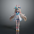 Anime Style Game Character With Cat Ears Long Hair Blue White Kimono And Short Skirt