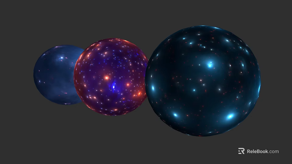 Three Spherical Sculptures With Blue Purple Dark Blue Shiny Surface Design 3d model 
