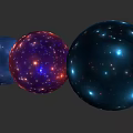 Three Spherical Sculptures With Blue Purple Dark Blue Shiny Surface Design