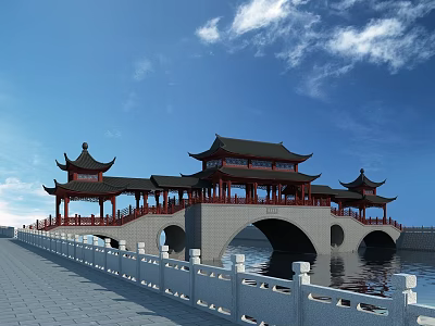 Traditional Chinese Ancient Architecture Bridge With Pavilions Curved Eaves Black Roofs And Water View 3d model