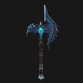 Ornate Glowing Axe With Blue Luminous Details Wing Like Structure And Purple Gold Handle