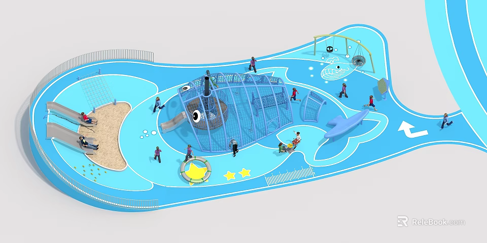 Outdoor Kids Playground Equipment With Fish Shaped Climbing Net Slide Sandpit And Blue Star Elements 3d model 