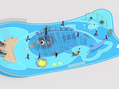 Outdoor Kids Playground Equipment With Fish Shaped Climbing Net Slide Sandpit And Blue Star Elements 3d model