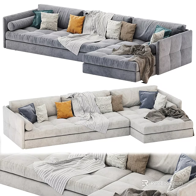 Cozy Gray Sectional Sofa With Colorful Throw Pillows And Soft Blankets 3d model