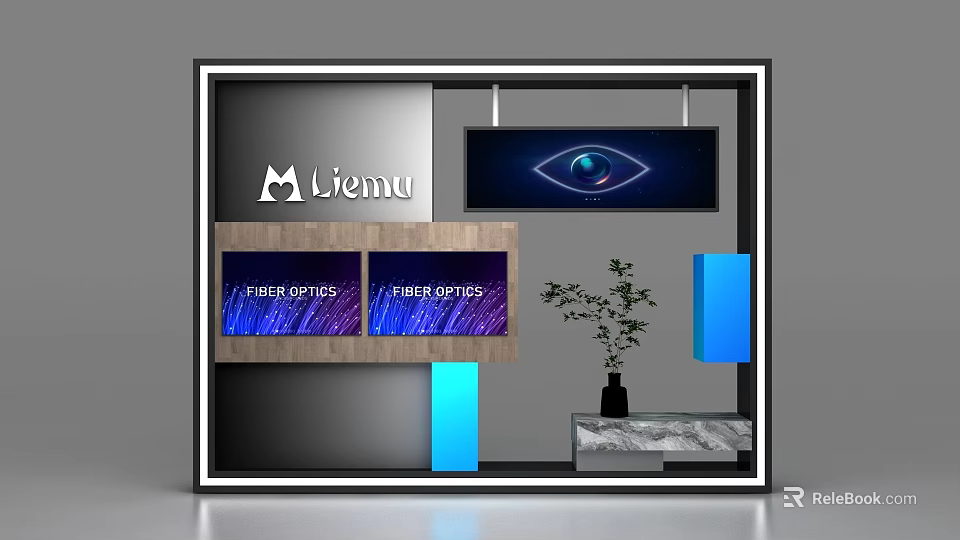 Liemu Display Shelves Showcasing Fiber Optics Sensors Hanging Eye Screen Plant Blue Decor Marble Countertop 3d model 