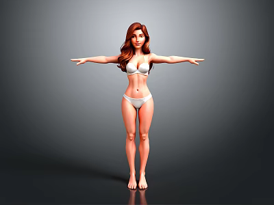 Woman With Red Hair In White Bikini Standing Barefoot With Arms Outstretched Against Gray Background 3d model