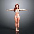 Woman With Red Hair In White Bikini Standing Barefoot With Arms Outstretched Against Gray Background