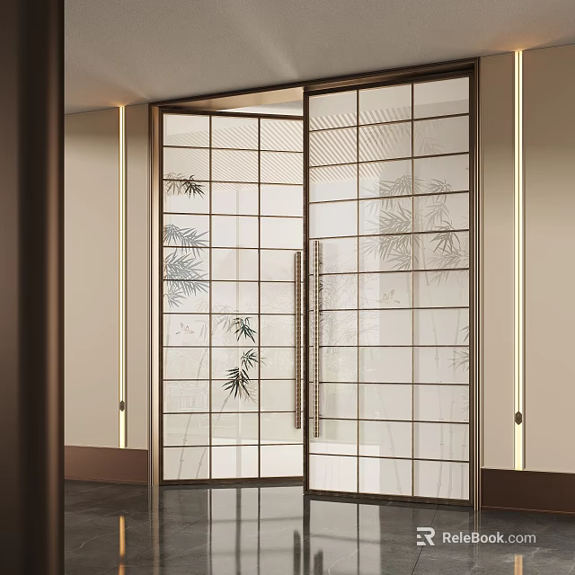 Modern Chinese Style Double Doors With Glass Panels And Bamboo Pattern Design 3d model