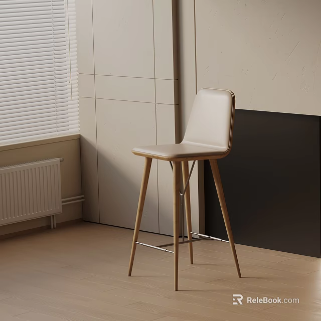 Modern Leather Bar Stool With Wooden Legs In Bright Interior Space With Blinds 3d model 