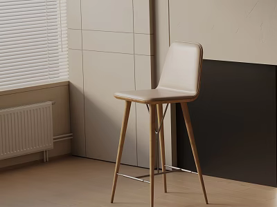 Modern Leather Bar Stool With Wooden Legs In Bright Interior Space With Blinds 3d model