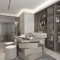 Modern Living and Dining Area Interior With Gray Sofa Marble Coffee Table TV And Large Windows