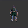 Game and Movie Character With Purple Hair Green Outfit Armor Orange and Blue Accents