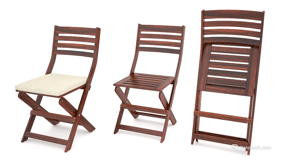 Wooden Folding Leisure Chairs with Striped Backrest Comfortable Beige Seat for Home Living 3d model 