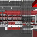 Modern Library Interior With Neatly Arranged Red Bookshelves And Transparent Partitions