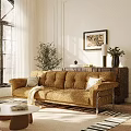 Modern Amber Velvet Sofa And Coffee Table Set In Bright Living Room With Potted Plant