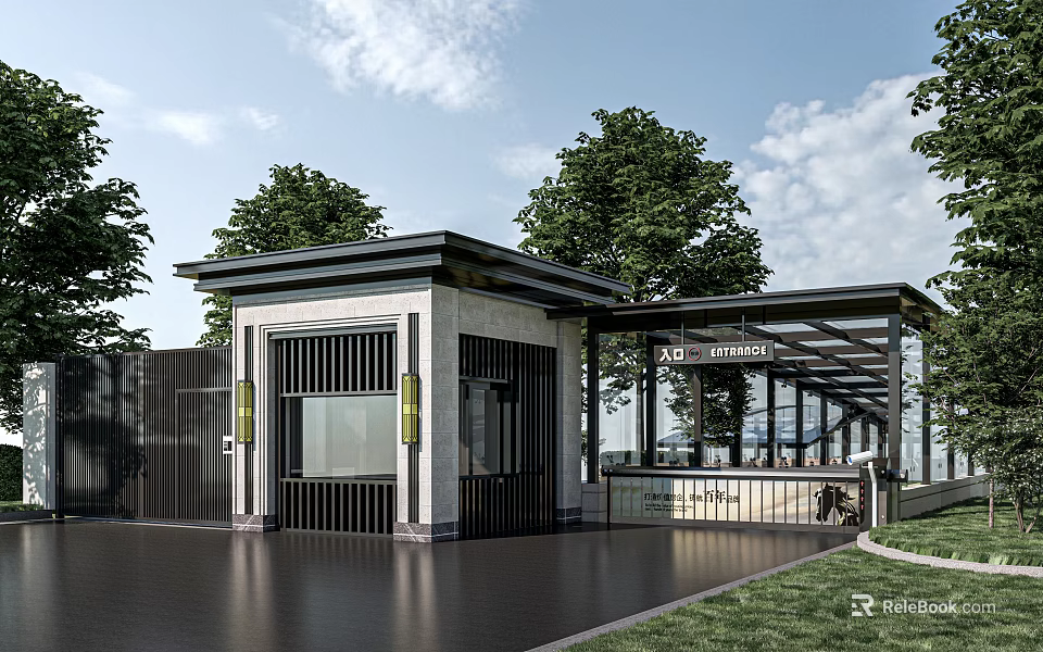 Modern Entrance Building With Glass Corridor And Advantage Sign Surrounded By Trees 3d model 