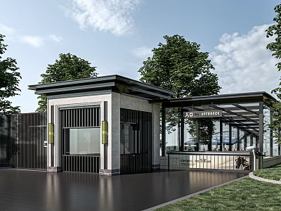 Modern Entrance Building With Glass Corridor And Advantage Sign Surrounded By Trees 3d model