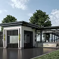 Modern Entrance Building With Glass Corridor And Advantage Sign Surrounded By Trees