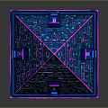 Neon Purple Blue Pyramid Structure With Circuit Patterns And Reflective Base