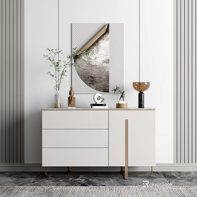 Modern Entryway Console Cabinet With White Finish Golden Accents And Decorative Mirror 3d model 