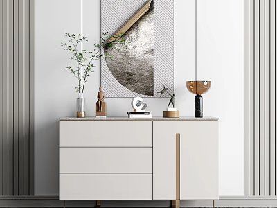 Modern Entryway Console Cabinet With White Finish Golden Accents And Decorative Mirror 3d model