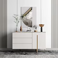 Modern Entryway Console Cabinet With White Finish Golden Accents And Decorative Mirror