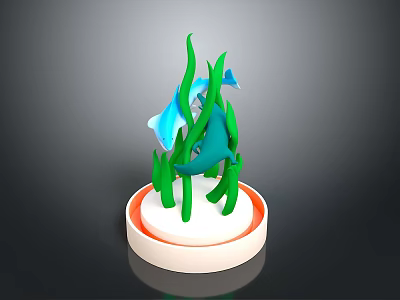 Blue Marine Creature Swimming Among Green Seaweed On White Base With Orange Rim 3d model