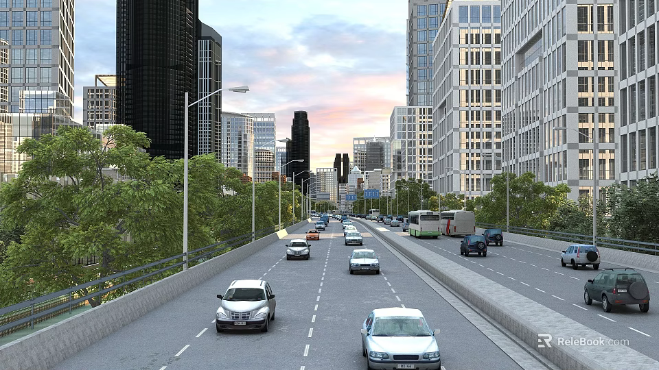 Bustling Urban Multiple Lane Highway With Flowing Traffic Lush Green Trees And Surrounding Modern Skyscrapers 3d model 