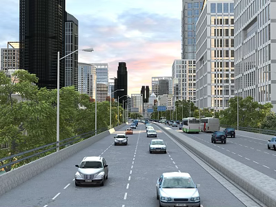 Bustling Urban Multiple Lane Highway With Flowing Traffic Lush Green Trees And Surrounding Modern Skyscrapers 3d model