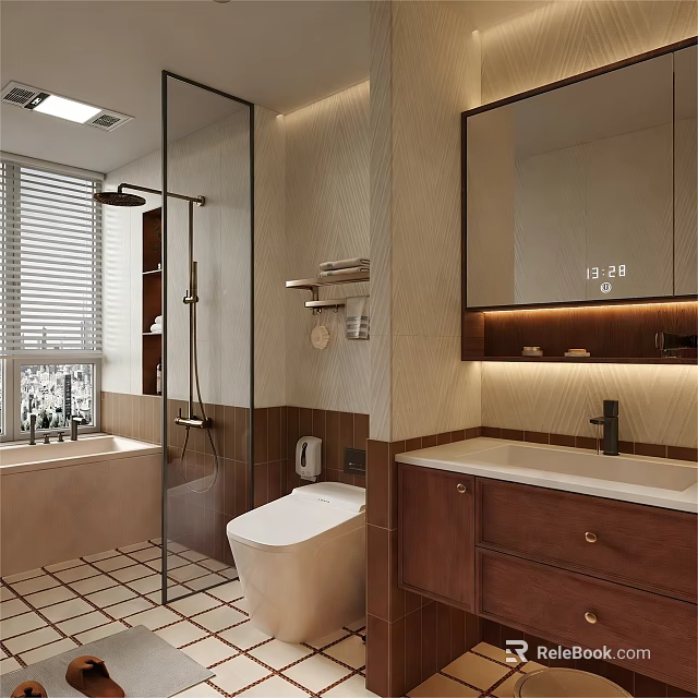 Well Designed Warm Modern Bathroom With Bathtub Glass Shower Smart Toilet And Wooden Vanity 3d model 