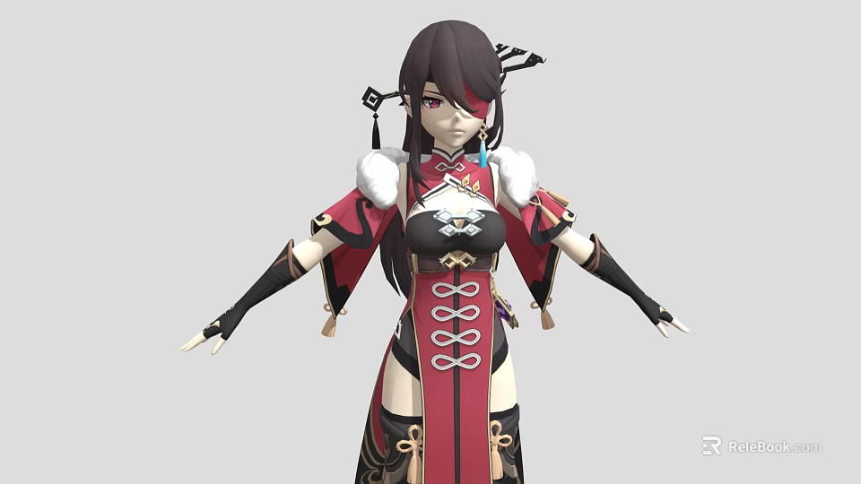 Eastern Themed Female Character In Red Black Outfit With White Fur Trim And Small Creature 3d model 