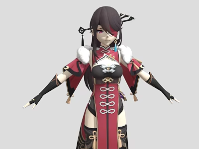 Eastern Themed Female Character In Red Black Outfit With White Fur Trim And Small Creature 3d model