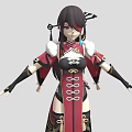 Eastern Themed Female Character In Red Black Outfit With White Fur Trim And Small Creature