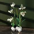 Floral Arrangement with White Flowers Green Stems White Spherical Pots on Wooden Tabletop Green Background