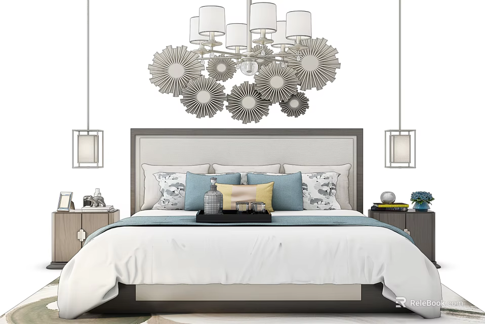 Elegant Double Bed with Modern Headboard Nightstands and Decorative Wall Art 3d model 