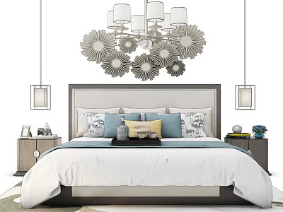 Elegant Double Bed with Modern Headboard Nightstands and Decorative Wall Art 3d model