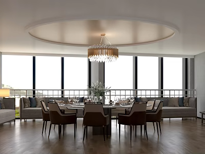 Spacious Private Dining Room Interior With Large Windows Round Chandelier Table Chairs And Wooden Floor 3d model