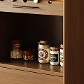Food Storage Jars on Wooden Shelf with Grains Cinnamon and Various Sizes Red Brown Lids