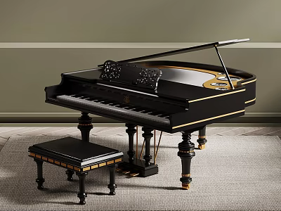 Black Grand Piano With Ornate Gold Accents And Matching Stool In Luxury Interior 3d model