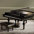 Black Grand Piano With Ornate Gold Accents And Matching Stool In Luxury Interior