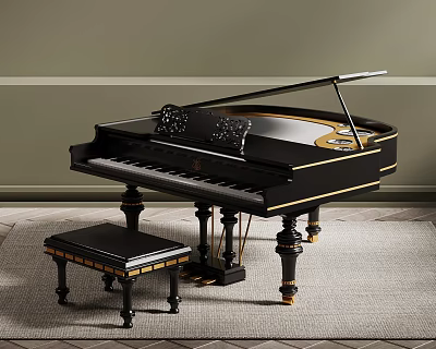 Black Grand Piano With Ornate Gold Accents And Matching Stool In Luxury Interior 3d model