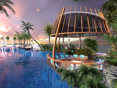 Tropical Park Landscape With Sunset Swimming Pool Palm Trees Wooden Pavilion And Lush Greenery 3d model