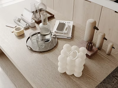 White Spherical Inflatable Decoration On Wooden Table With Glassware And Decorative Items 3d model