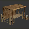 Vintage Wooden Street Stall Structure With Rustic Countertop Bench And Small Object On Stump