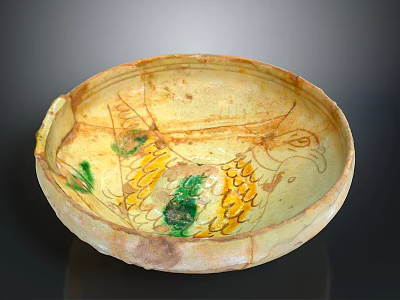 Carved Ceramic Bowl With Colorful Bird Pattern And Green Yellow Decorative Details 3d model