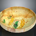 Carved Ceramic Bowl With Colorful Bird Pattern And Green Yellow Decorative Details